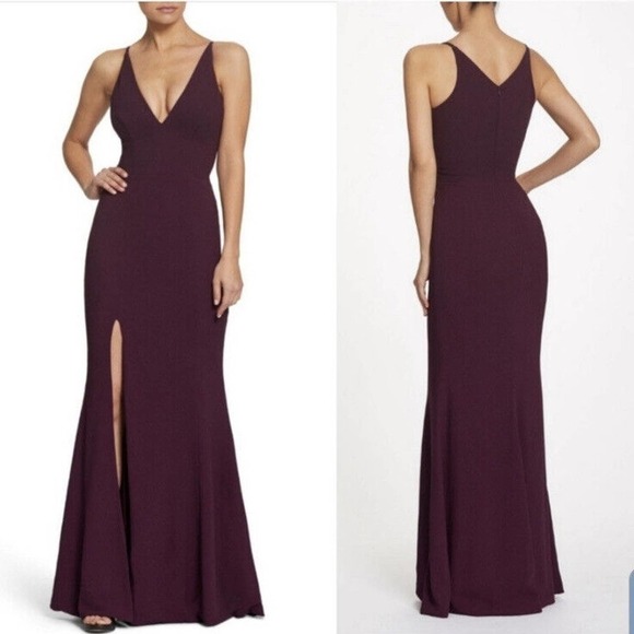 NWT Dress The Population Iris Crepe Gown Women's Side Slit Burgundy Size L - Picture 1 of 9